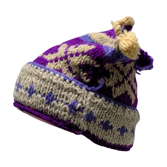 Recycled Hand Knit Jester Hat 100% Wool Boho Beanie Multi Tassel Warm Fleece Lined Winter Cap P504