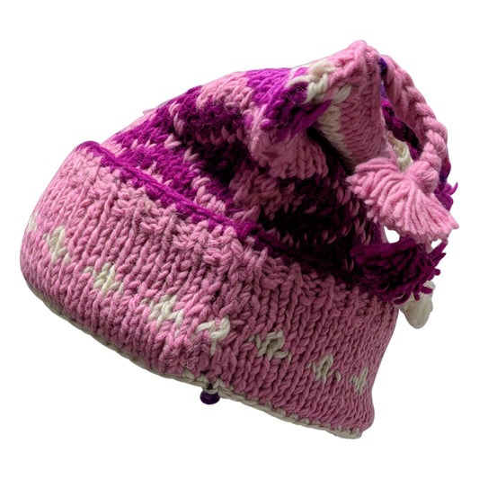Recycled Hand Knit Jester Hat 100% Wool Boho Beanie Multi Tassel Warm Fleece Lined Winter Cap P505