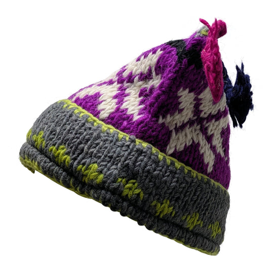 Recycled Hand Knit Jester Hat 100% Wool Boho Beanie Multi Tassel Warm Fleece Lined Winter Cap P508