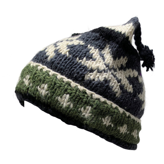 Recycled Hand Knit Jester Hat 100% Wool Boho Beanie Multi Tassel Warm Fleece Lined Winter Cap P509