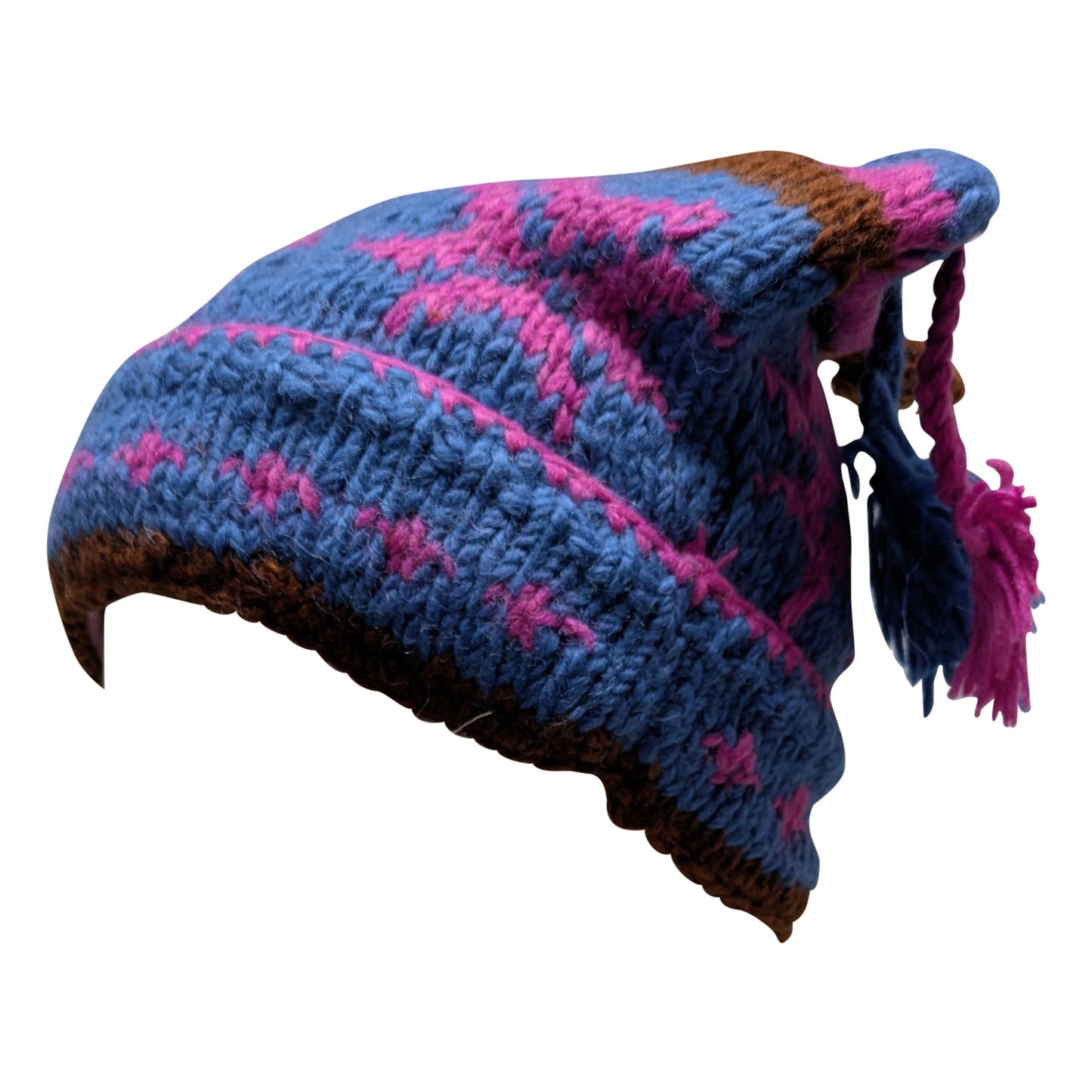 Recycled Hand Knit Jester Hat 100% Wool Boho Beanie Multi Tassel Warm Fleece Lined Winter Cap P51