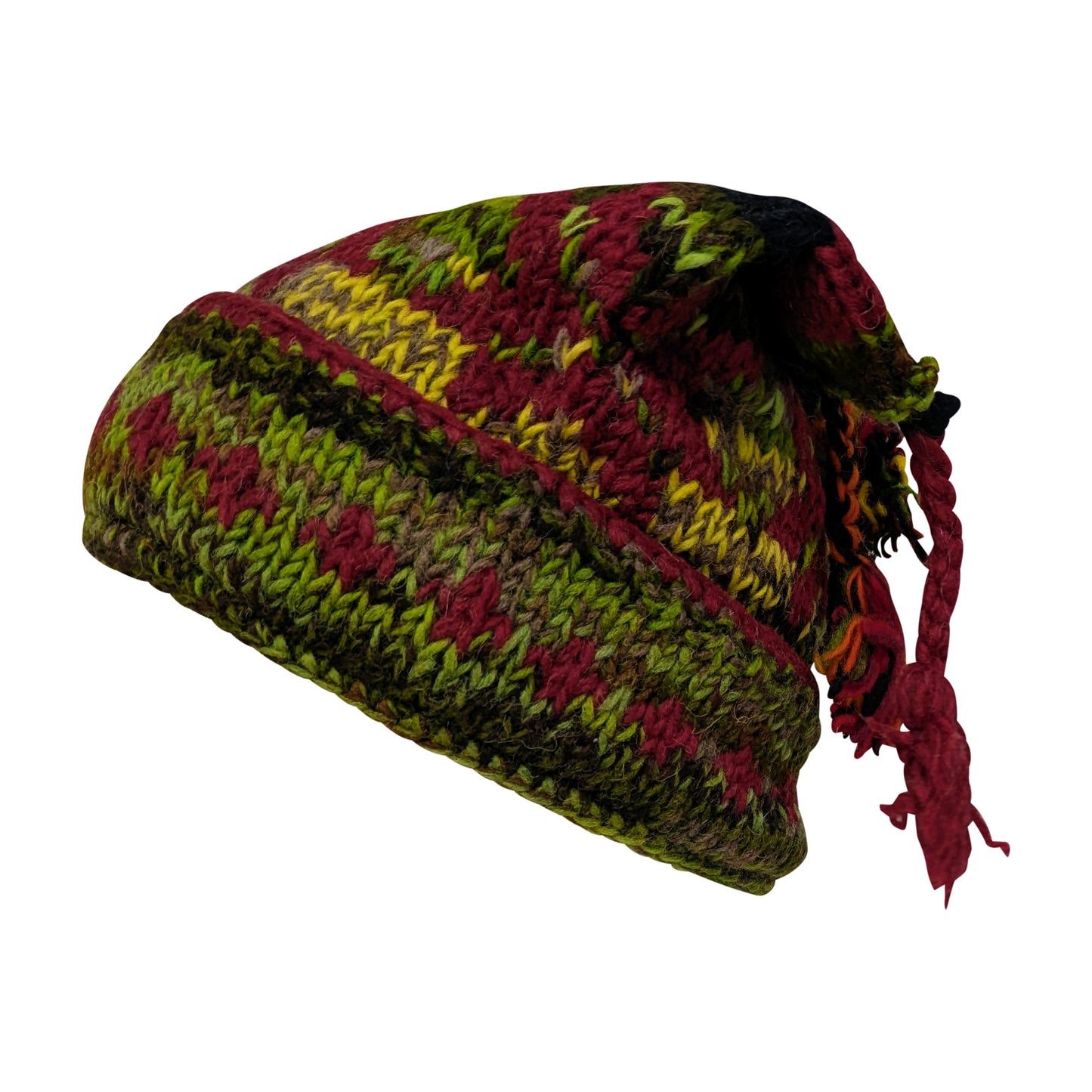 Recycled Hand Knit Jester Hat 100% Wool Boho Beanie Multi Tassel Warm Fleece Lined Winter Cap P510