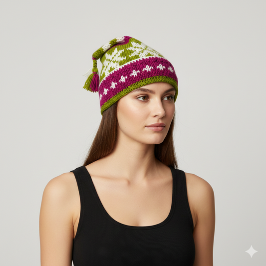 Recycled Hand Knit Jester Hat 100% Wool Boho Beanie Multi Tassel Warm Fleece Lined Winter Cap P52