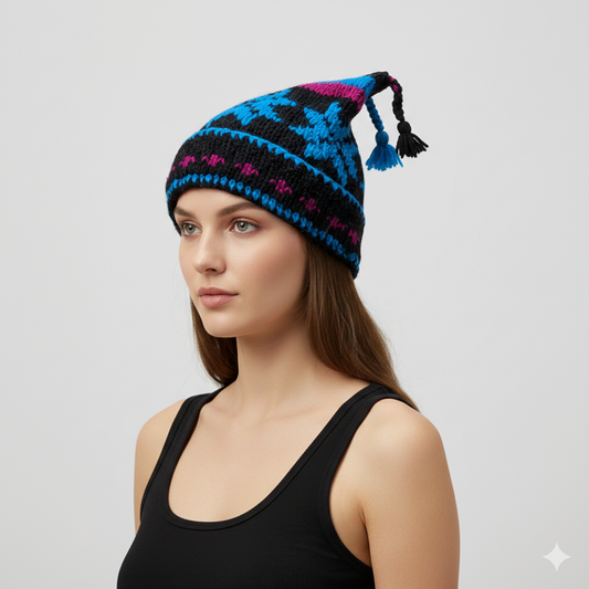 Recycled Hand Knit Jester Hat 100% Wool Boho Beanie Multi Tassel Warm Fleece Lined Winter Cap P53