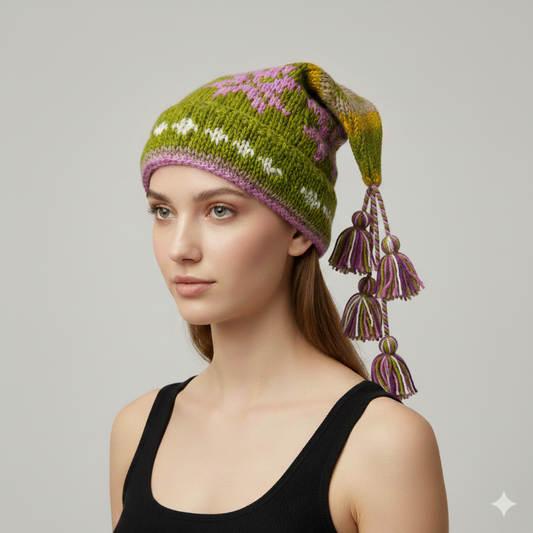Recycled Hand Knit Jester Hat 100% Wool Boho Beanie Multi Tassel Warm Fleece Lined Winter Cap P54