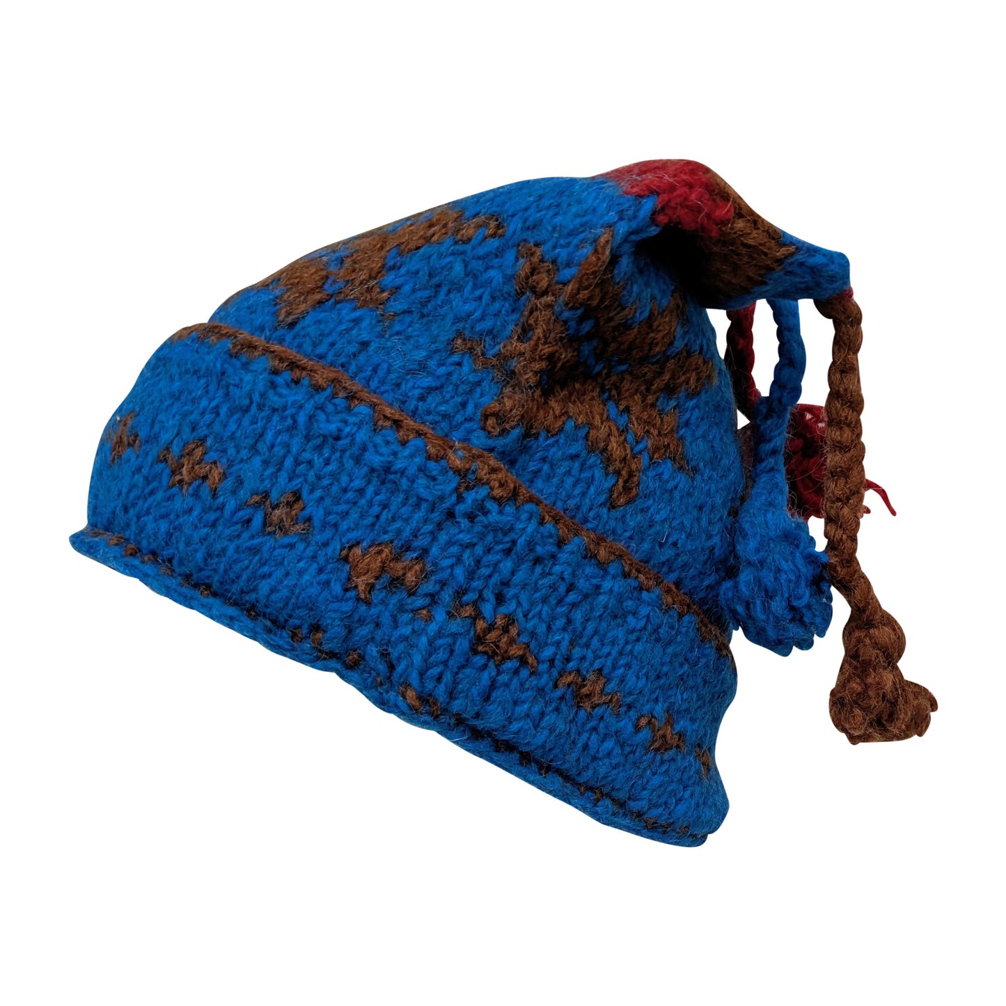 Recycled Hand Knit Jester Hat 100% Wool Boho Beanie Multi Tassel Warm Fleece Lined Winter Cap P544