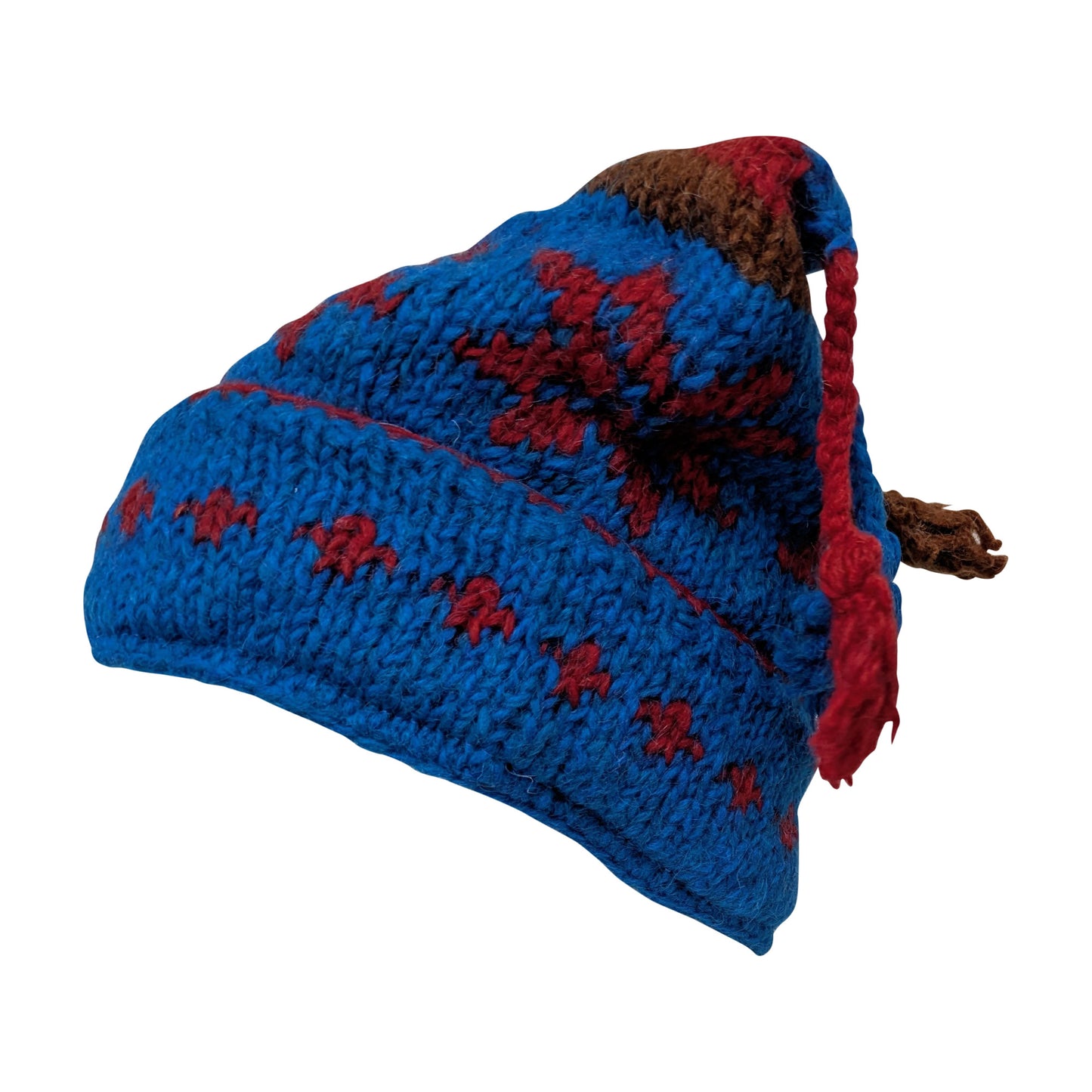 Recycled Hand Knit Jester Hat 100% Wool Boho Beanie Multi Tassel Warm Fleece Lined Winter Cap P545