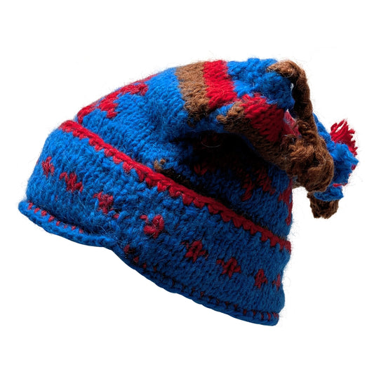 Recycled Hand Knit Jester Hat 100% Wool Boho Beanie Multi Tassel Warm Fleece Lined Winter Cap P546