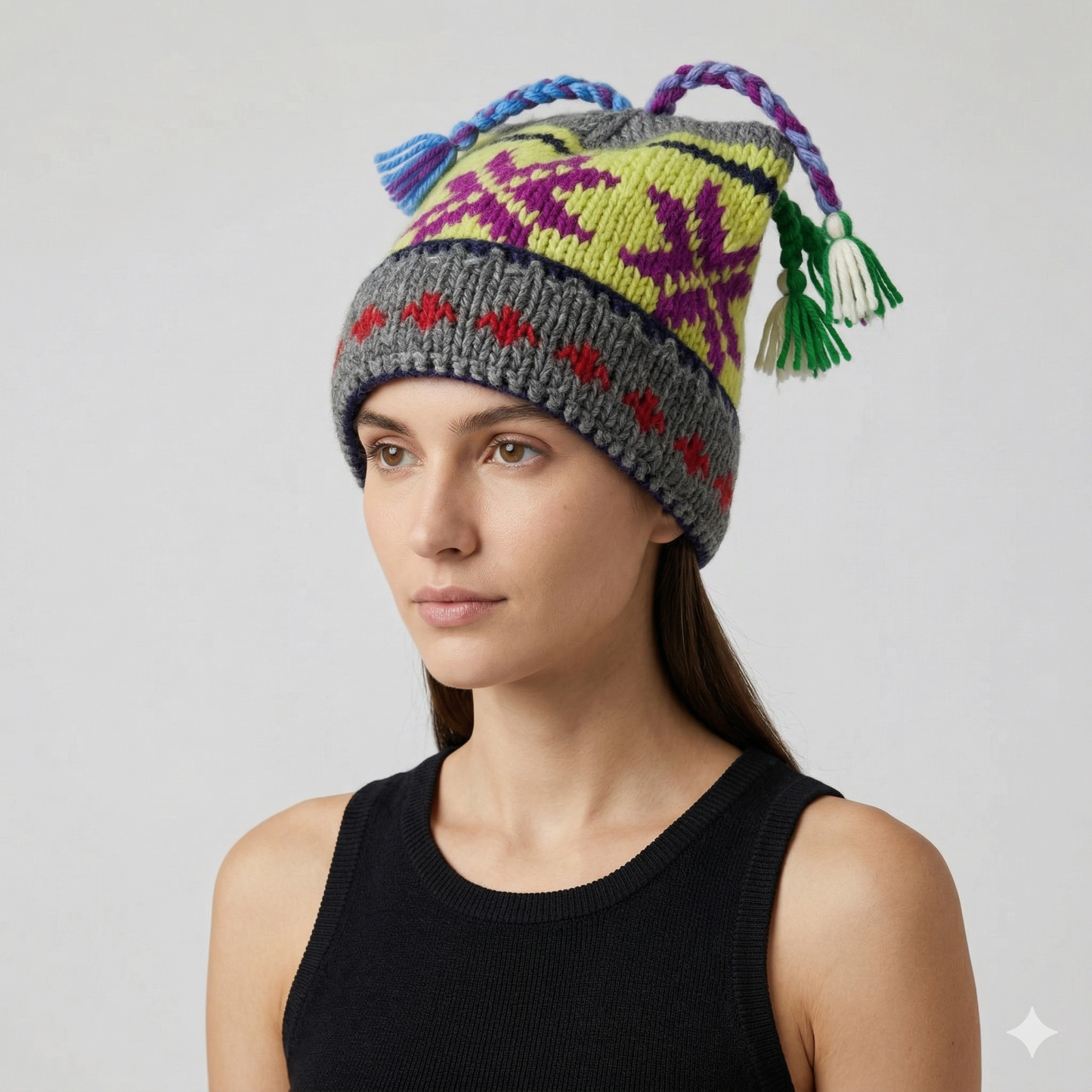Hand Knit Recycled Wool Beanie: Fleece Lined Winter Hat - p549
