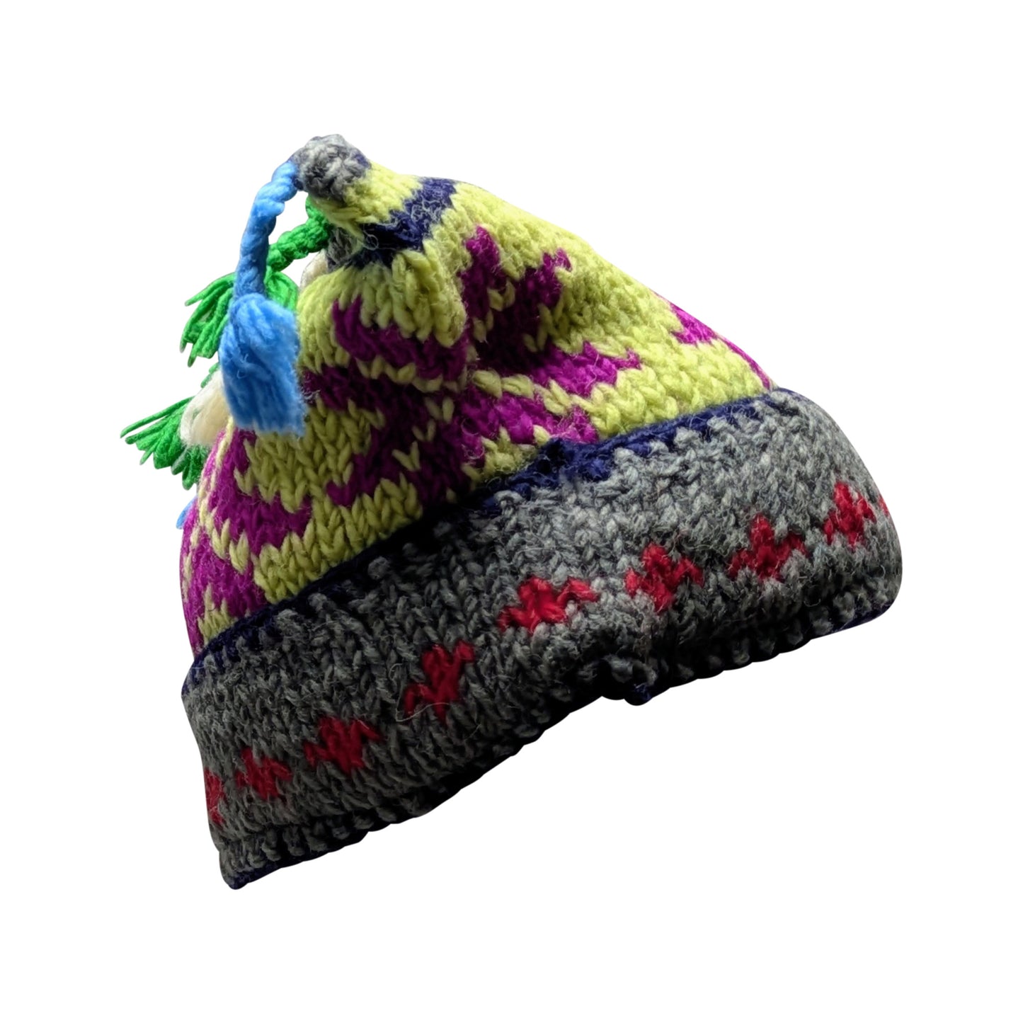 Recycled Hand Knit Jester Hat 100% Wool Boho Beanie Multi Tassel Warm Fleece Lined Winter Cap P549