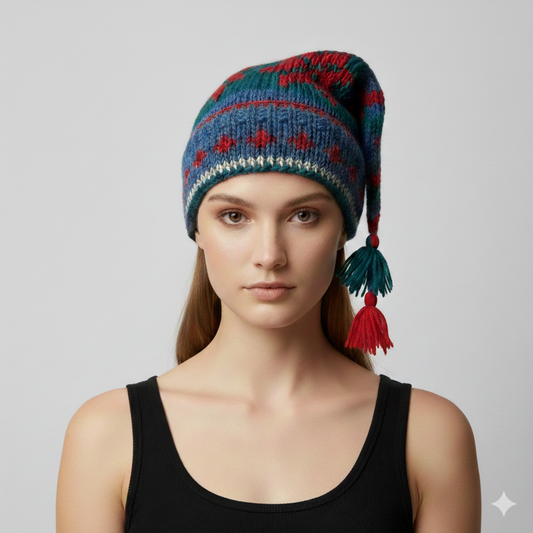 Recycled Hand Knit Jester Hat 100% Wool Boho Beanie Multi Tassel Warm Fleece Lined Winter Cap P55