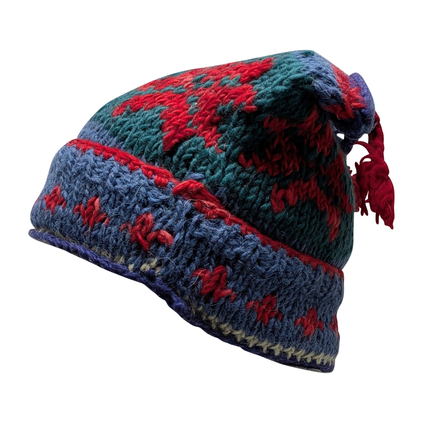 Recycled Hand Knit Jester Hat 100% Wool Boho Beanie Multi Tassel Warm Fleece Lined Winter Cap P55