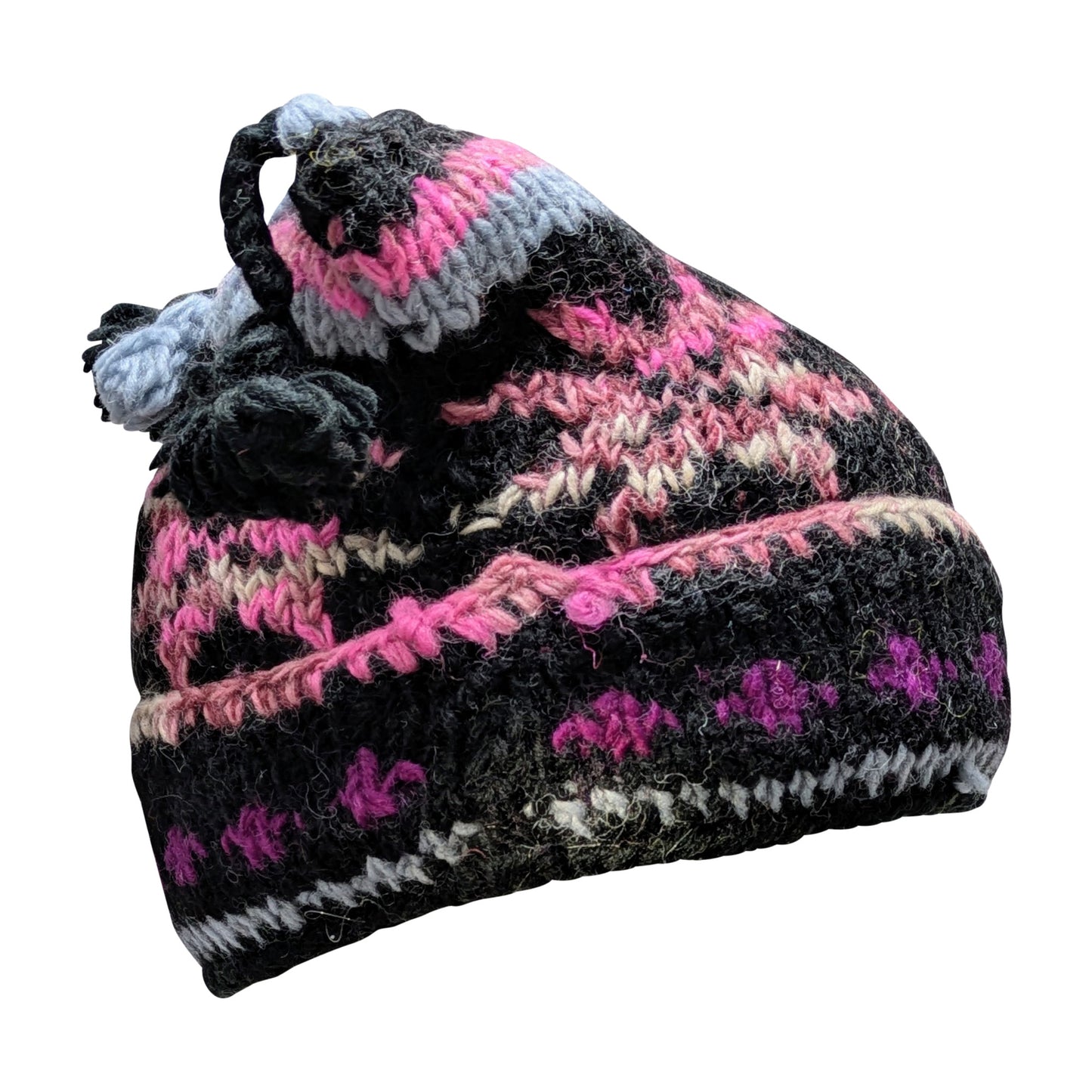 Recycled Hand Knit Jester Hat 100% Wool Boho Beanie Multi Tassel Warm Fleece Lined Winter Cap P550