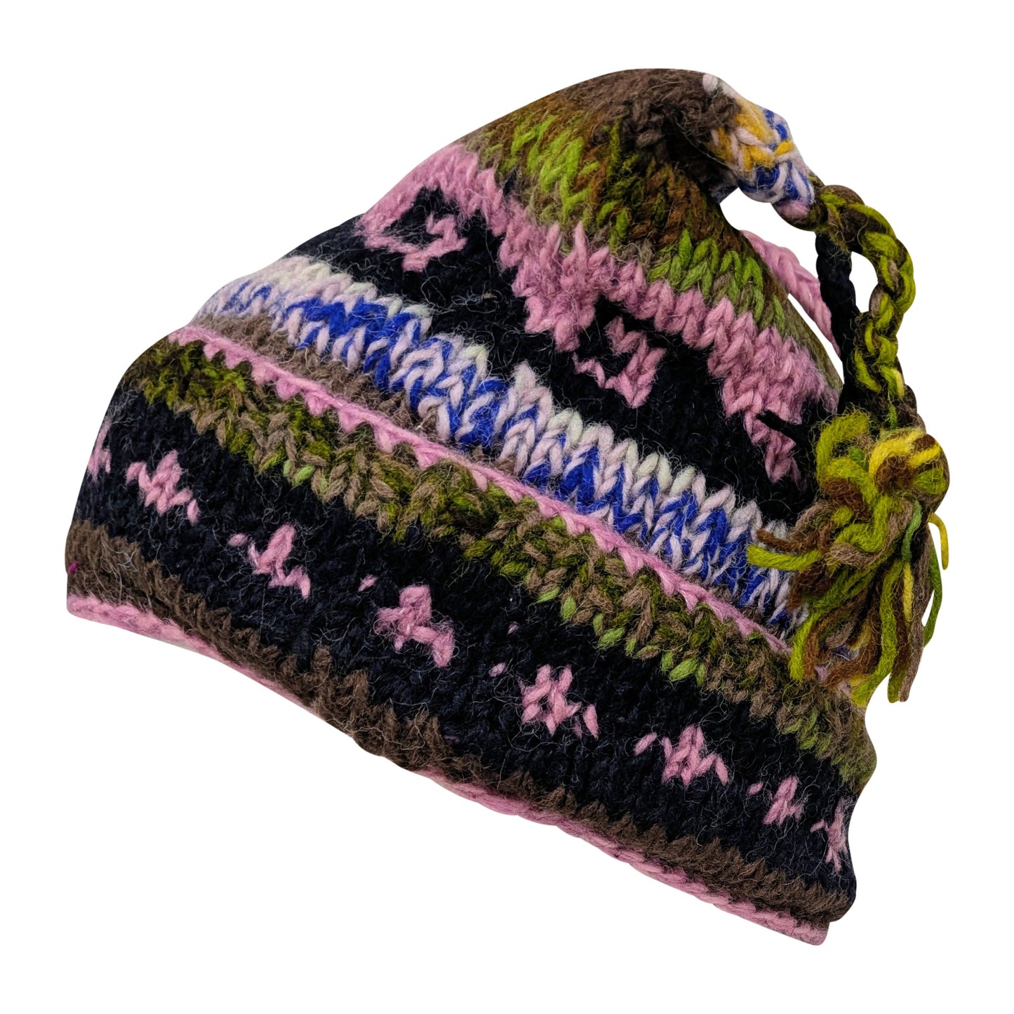 Recycled Hand Knit Jester Hat 100% Wool Boho Beanie Multi Tassel Warm Fleece Lined Winter Cap P554
