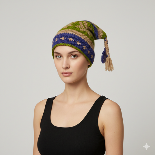 Recycled Hand Knit Jester Hat 100% Wool Boho Beanie Multi Tassel Warm Fleece Lined Winter Cap P56