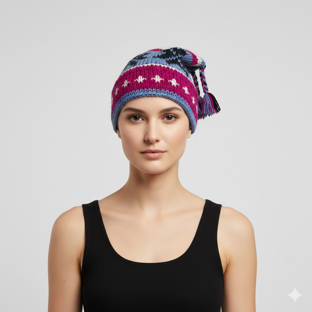 Recycled Hand Knit Jester Hat 100% Wool Boho Beanie Multi Tassel Warm Fleece Lined Winter Cap P58