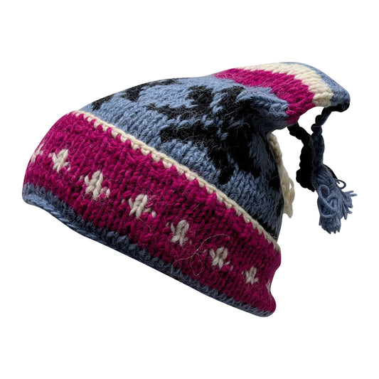 Recycled Hand Knit Jester Hat 100% Wool Boho Beanie Multi Tassel Warm Fleece Lined Winter Cap P58