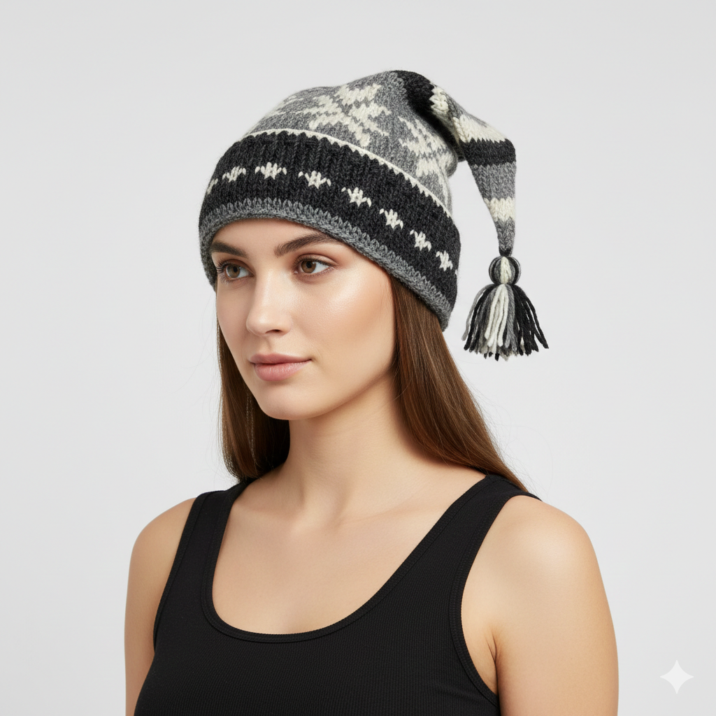 Recycled Hand Knit Jester Hat 100% Wool Boho Beanie Multi Tassel Warm Fleece Lined Winter Cap P59