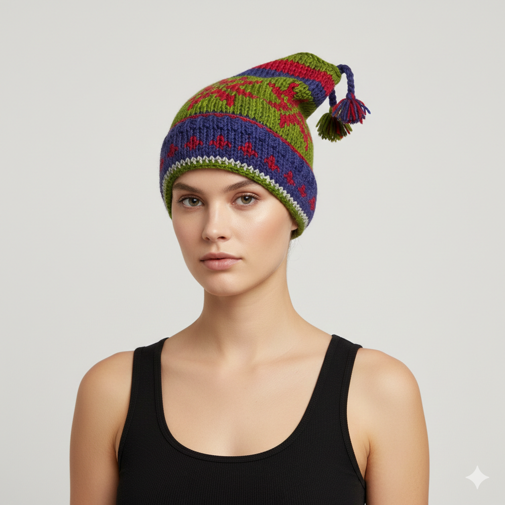 Recycled Hand Knit Jester Hat 100% Wool Boho Beanie Multi Tassel Warm Fleece Lined Winter Cap P60