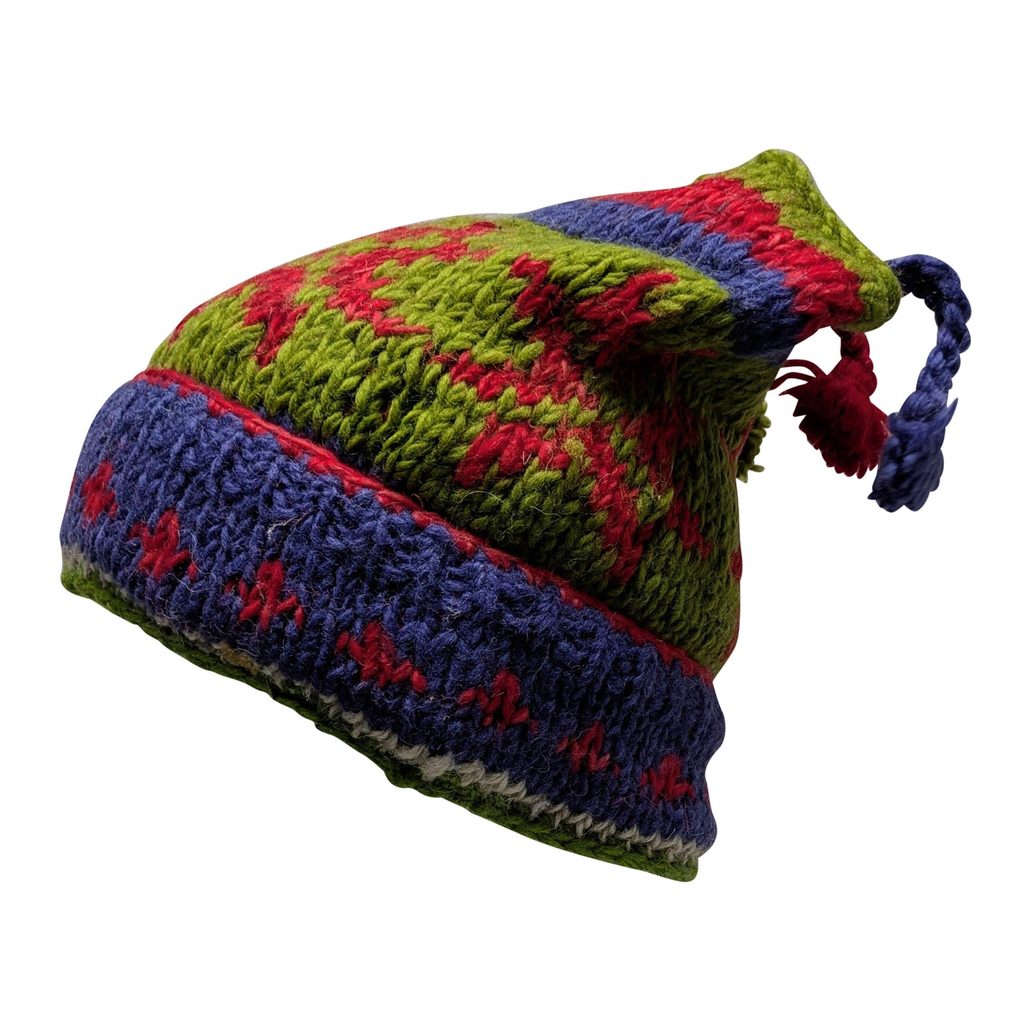 Recycled Hand Knit Jester Hat 100% Wool Boho Beanie Multi Tassel Warm Fleece Lined Winter Cap P60