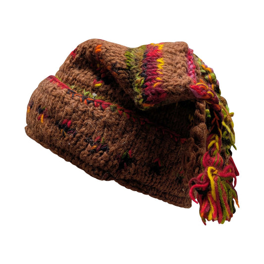 Recycled Hand Knit Jester Hat 100% Wool Boho Beanie Multi Tassel Warm Fleece Lined Winter Cap P81