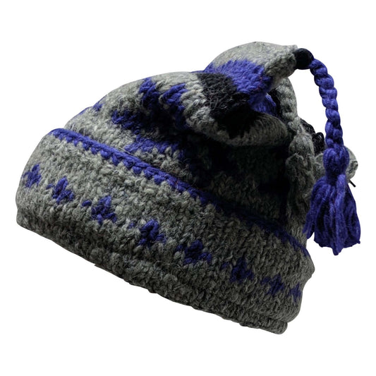 Recycled Hand Knit Jester Hat 100% Wool Boho Beanie Multi Tassel Warm Fleece Lined Winter Cap P83