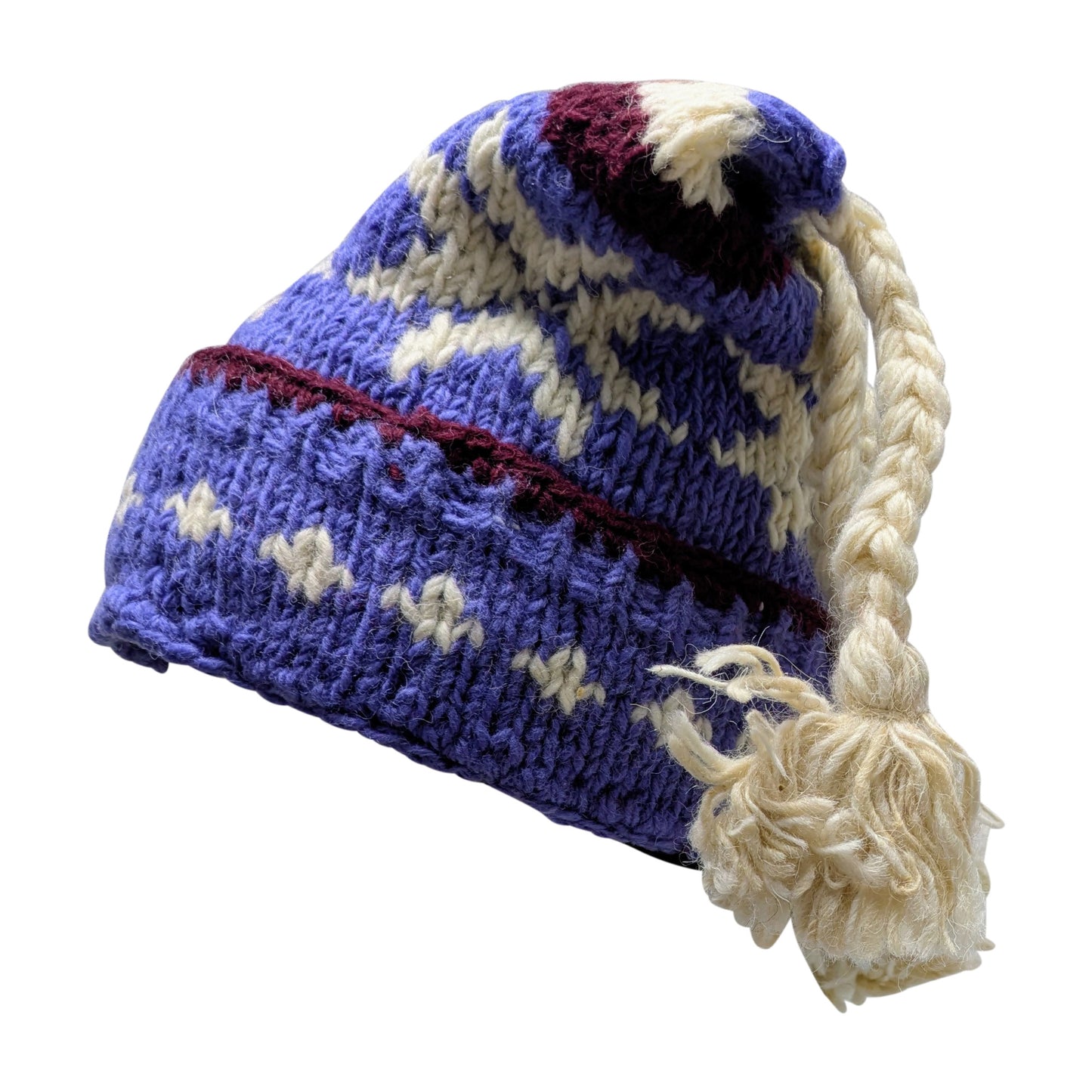 Recycled Hand Knit Jester Hat 100% Wool Boho Beanie Multi Tassel Warm Fleece Lined Winter Cap P84