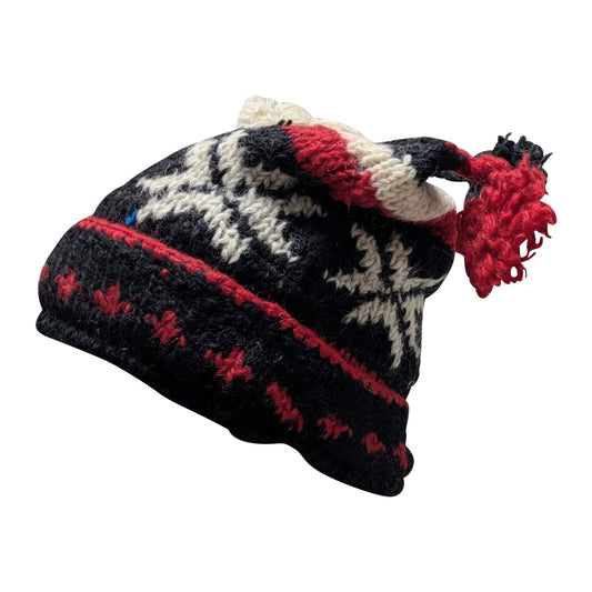 Recycled Hand Knit Jester Hat 100% Wool Boho Beanie Multi Tassel Warm Fleece Lined Winter Cap P85