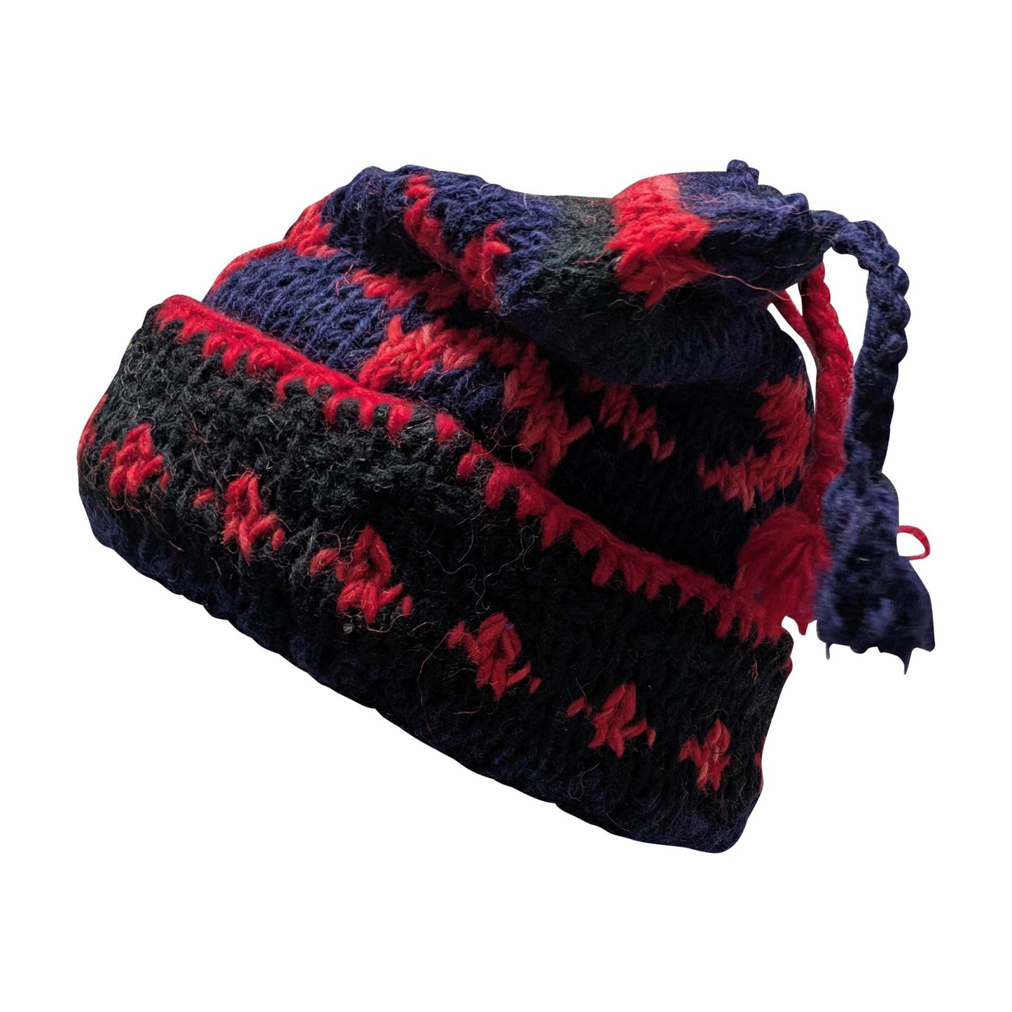 Recycled Hand Knit Jester Hat 100% Wool Boho Beanie Multi Tassel Warm Fleece Lined Winter Cap P86