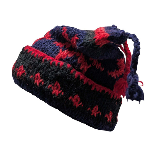 Recycled Hand Knit Jester Hat 100% Wool Boho Beanie Multi Tassel Warm Fleece Lined Winter Cap P86