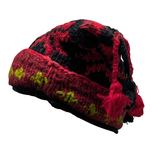Recycled Hand Knit Jester Hat 100% Wool Boho Beanie Multi Tassel Warm Fleece Lined Winter Cap P87