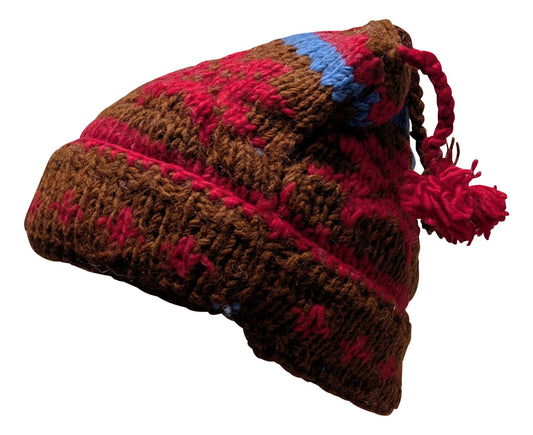 Recycled Hand Knit Jester Hat 100% Wool Boho Beanie Multi Tassel Warm Fleece Lined Winter Cap P89
