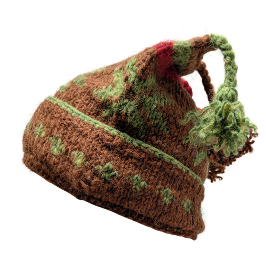 Recycled Hand Knit Jester Hat 100% Wool Boho Beanie Multi Tassel Warm Fleece Lined Winter Cap P90