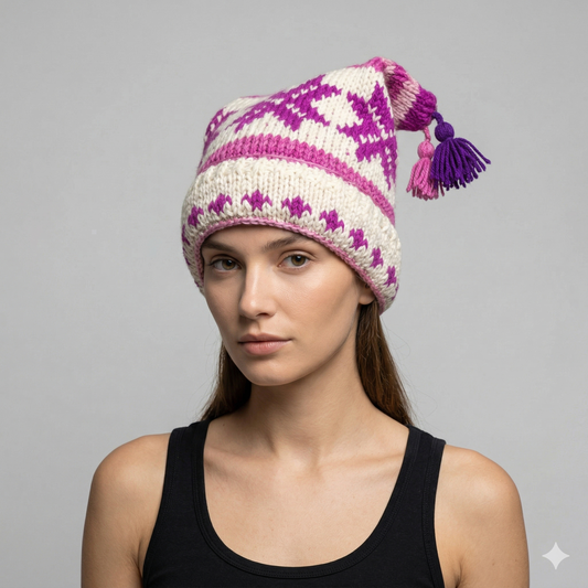 Hand Knit Recycled Wool Beanie: Fleece Lined Winter Hat - p91