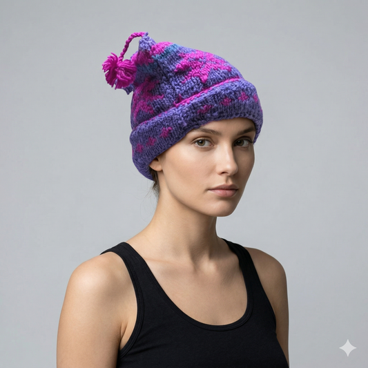 Hand Knit Recycled Wool Beanie: Fleece Lined Winter Hat - p92