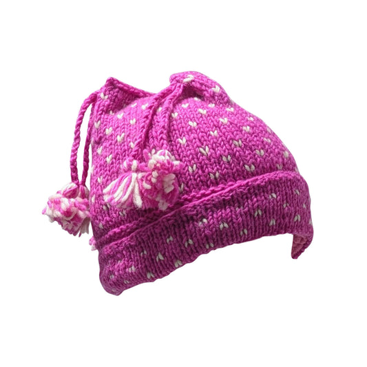 Handmade Wool Knit Beanie: Fleece Lined Winter Tassel Hat - PINK