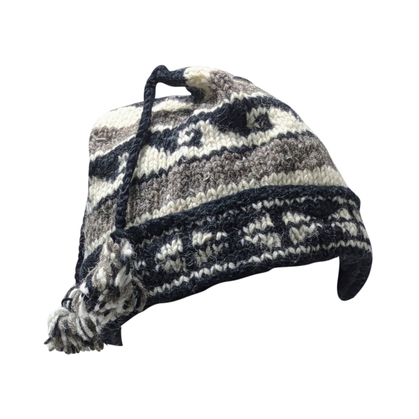 Handmade Wool Knit Beanie: Fleece Lined Winter Tassel Hat - BLACK