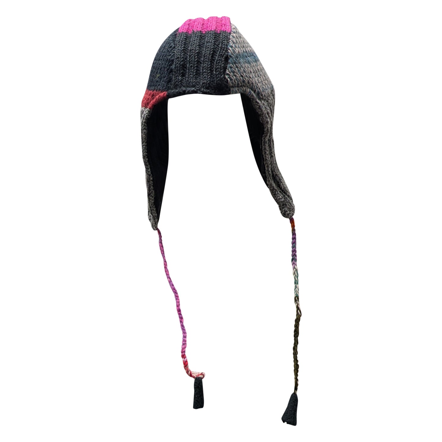 Handmade Wool Knit Gaucho Hat: Funky Multi Colour Tassel, Fleece Lined P2