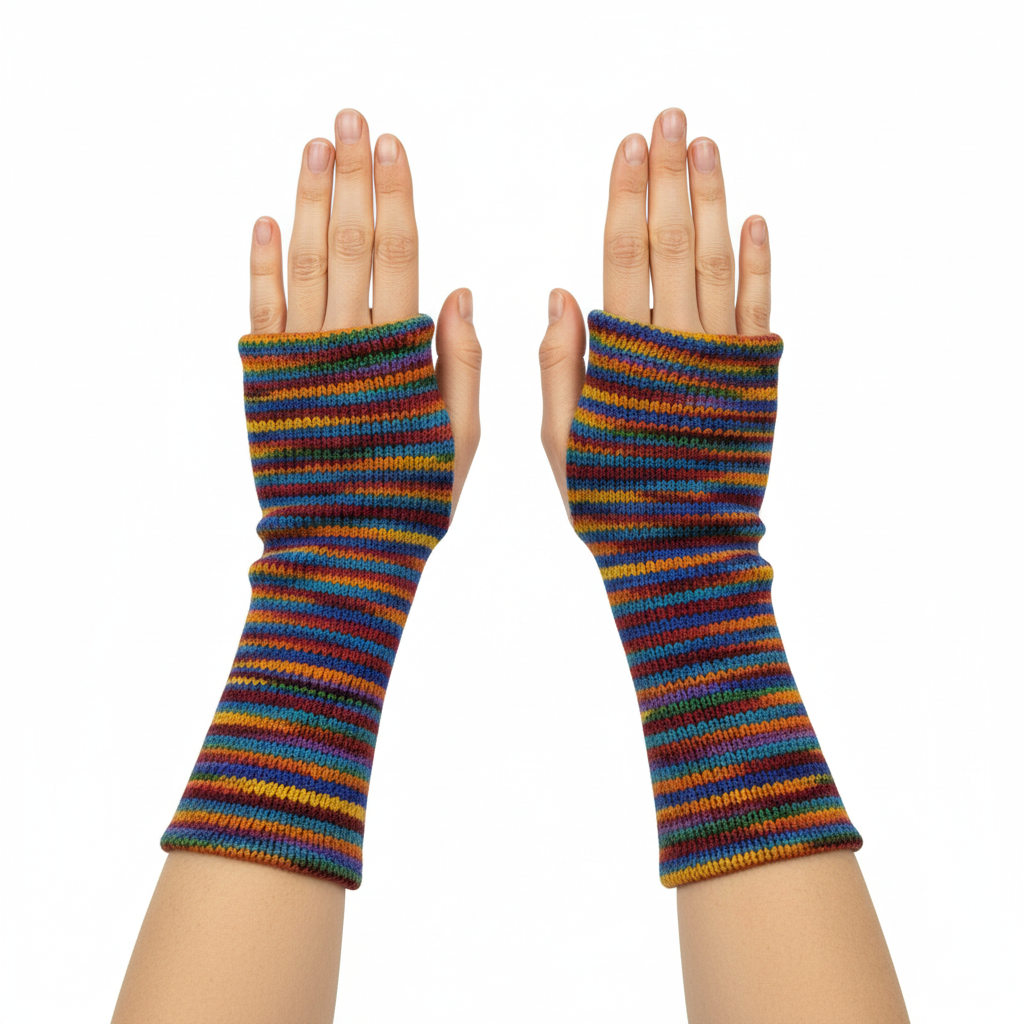 Handmade Knit Handwarmers 100% Wool Winter Striped Fingerless Fleece Lined Gloves Hand Warmer One Size P82