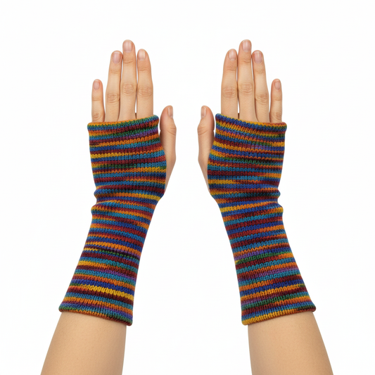 Handmade Knit Handwarmers 100% Wool Winter Striped Fingerless Fleece Lined Gloves Hand Warmer One Size P82