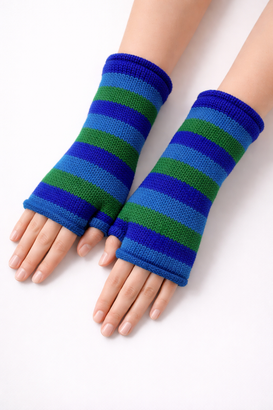 Handmade Knit Handwarmers 100% Wool Winter Striped Fingerless Fleece Lined Gloves Hand Warmer One Size P11
