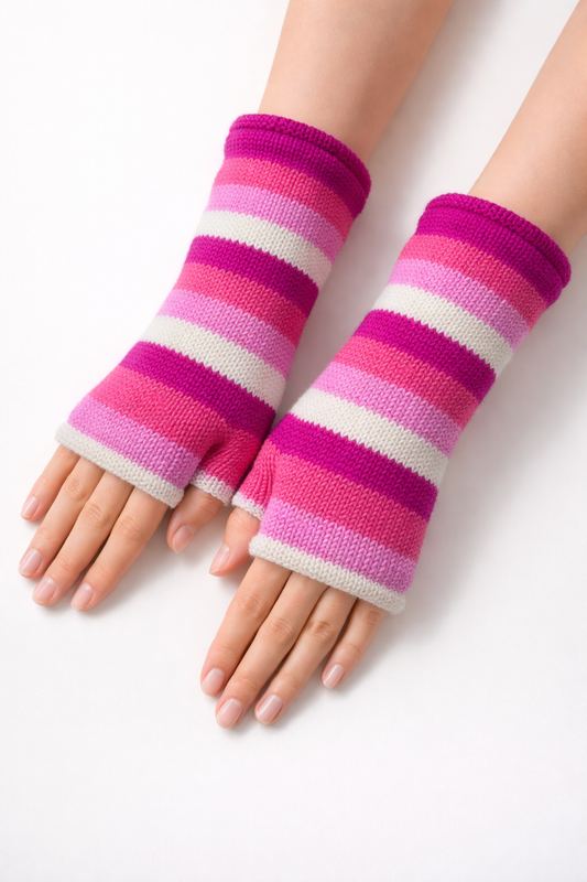 Handmade Knit Handwarmers 100% Wool Winter Striped Fingerless Fleece Lined Gloves Hand Warmer One Size P38a