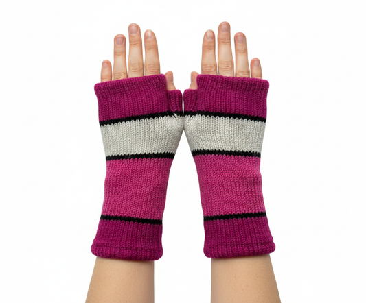 Handmade Knit Handwarmers 100% Wool Winter Striped Fingerless Fleece Lined Gloves Hand Warmer One Size P58