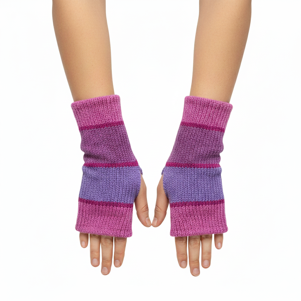 Handmade Knit Handwarmers 100% Wool Winter Striped Fingerless Fleece Lined Gloves Hand Warmer One Size P61