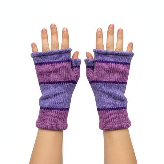 Handmade Knit Handwarmers 100% Wool Winter Striped Fingerless Fleece Lined Gloves Hand Warmer One Size P62