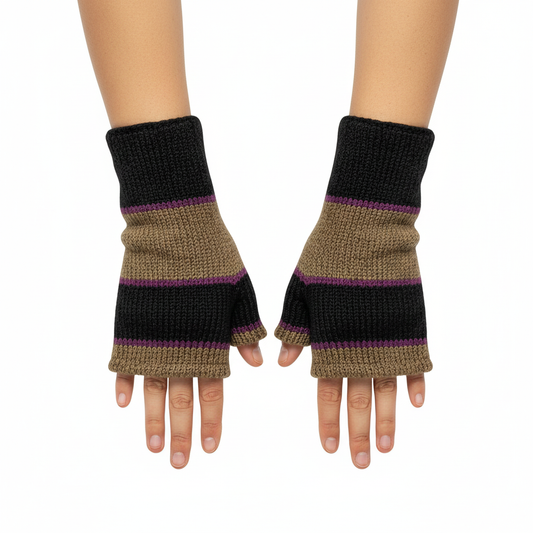 Handmade Knit Handwarmers 100% Wool Winter Striped Fingerless Fleece Lined Gloves Hand Warmer One Size P63