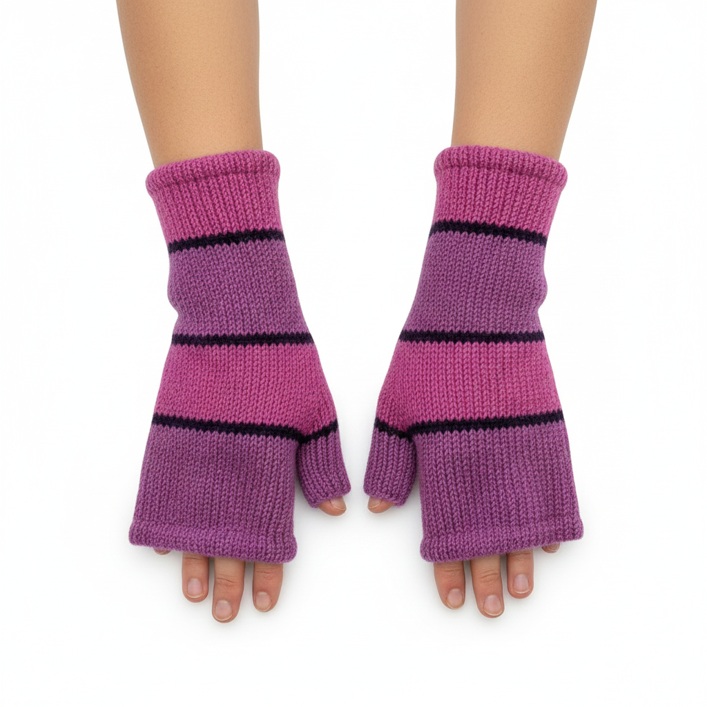 Handmade Knit Handwarmers 100% Wool Winter Striped Fingerless Fleece Lined Gloves Hand Warmer One Size P74