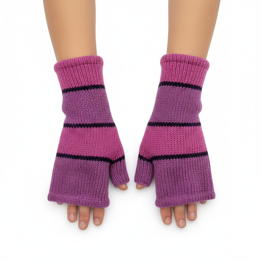 Handmade Knit Handwarmers 100% Wool Winter Striped Fingerless Fleece Lined Gloves Hand Warmer One Size P74