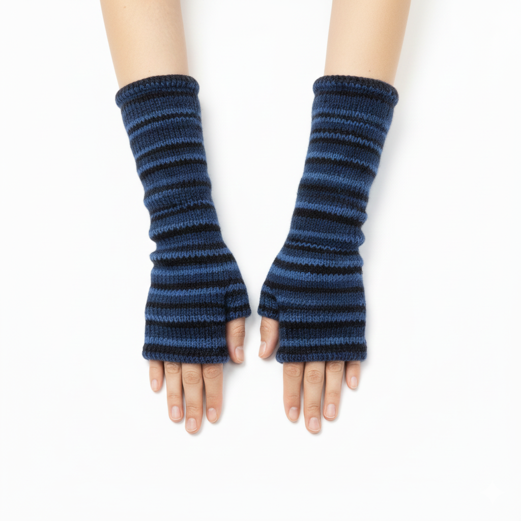 Handmade Knit Handwarmers 100% Wool Winter Striped Fingerless Fleece Lined Gloves Hand Warmer One Size P77