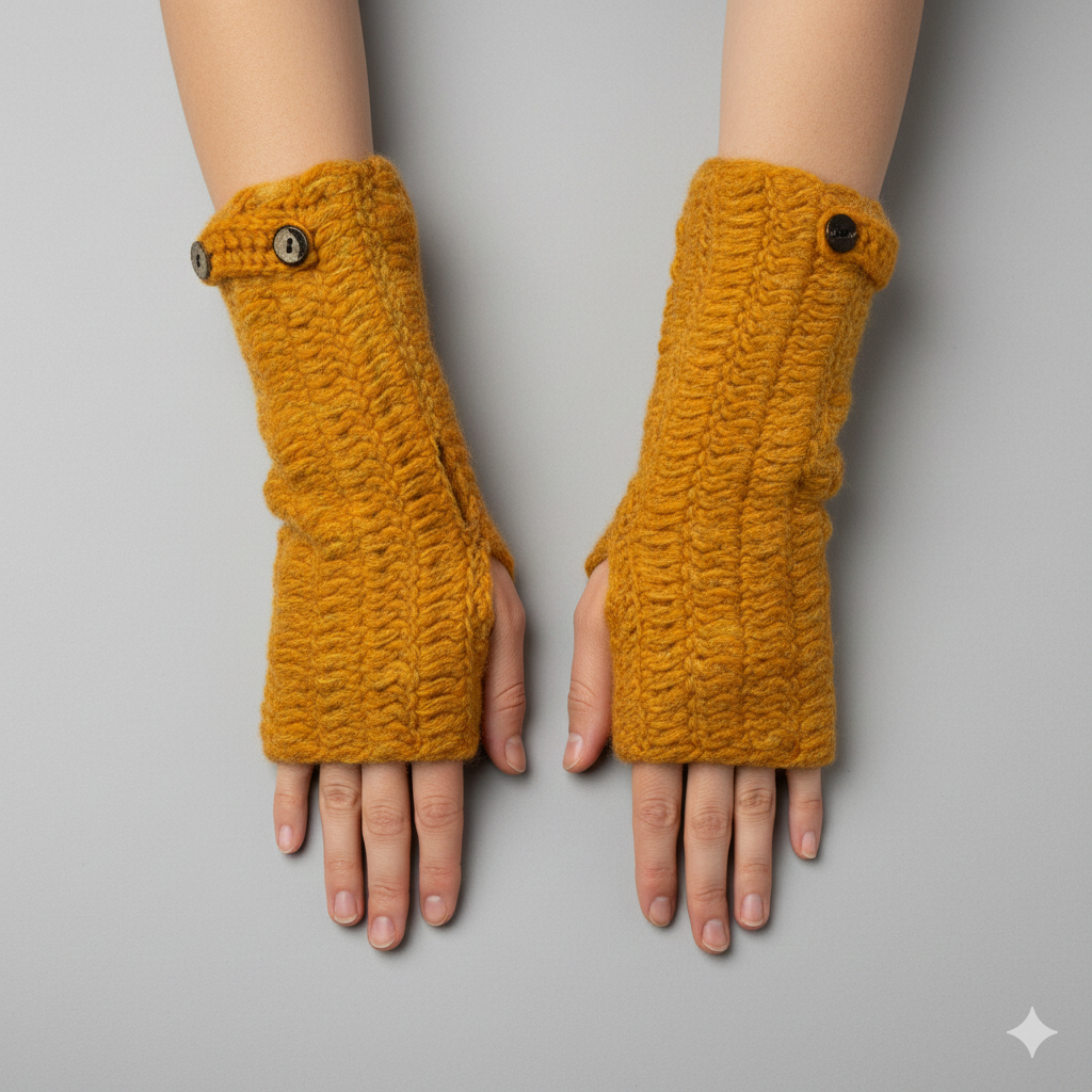 100% Wool Hand Knit Fingerless Gloves | Winter Hand warmers Fleece Lined One Size LIGHT ORANGE